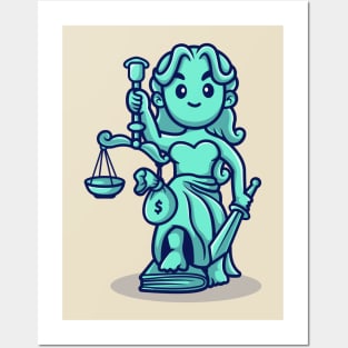 Cute Lady Justice With Scales and Money Bag Cartoon Posters and Art